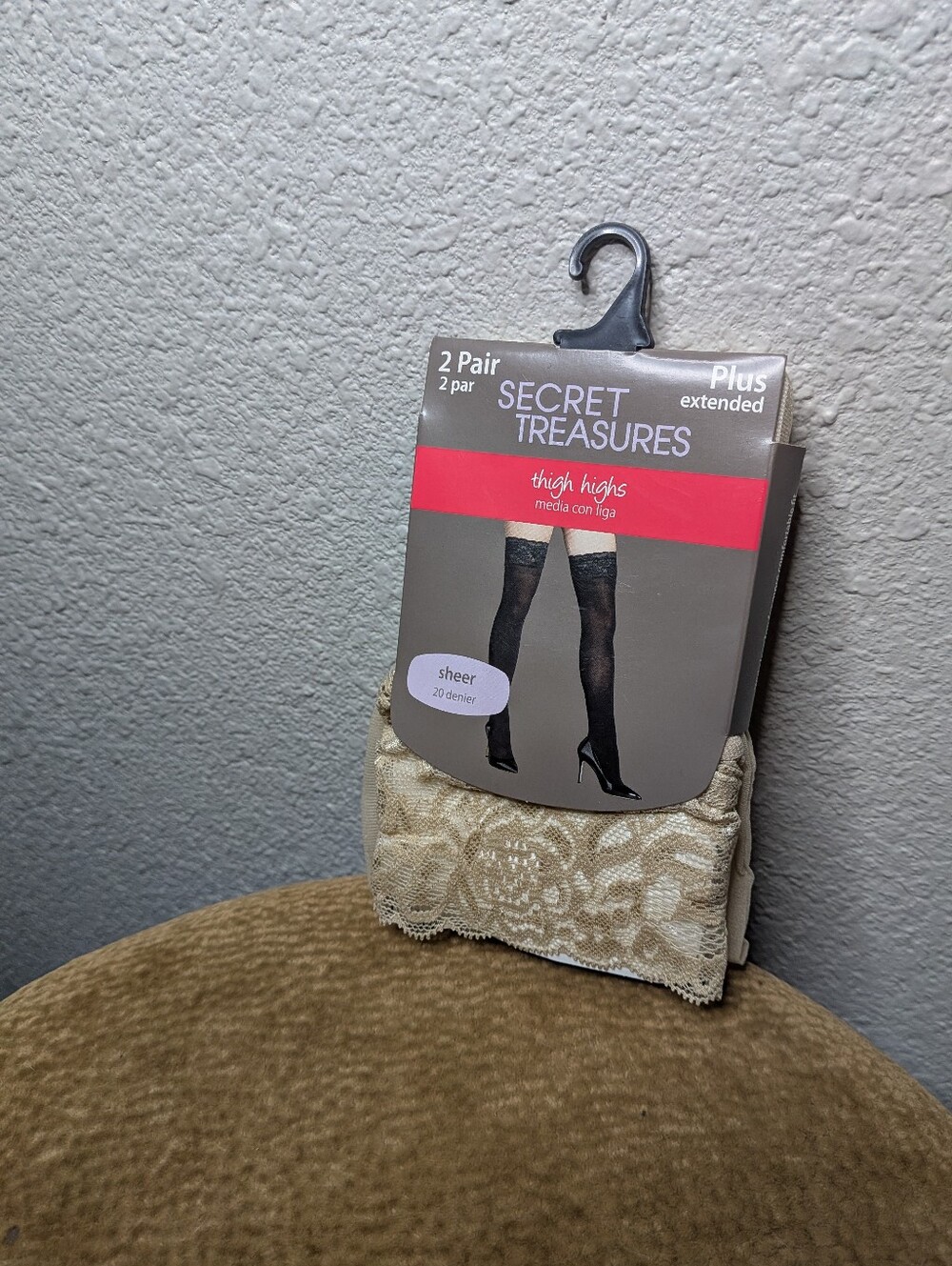 New Secret Treasures 2 Pair Sheer Beige Thigh High Lace Trim Stockings Plus Size